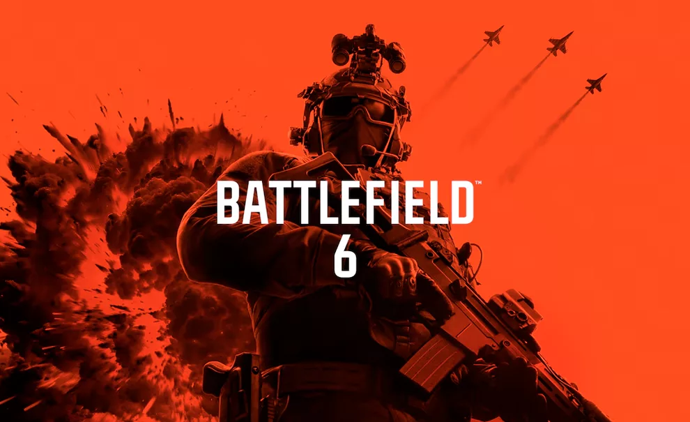 Capa de Battlefield 6 na versão Phantom Edition com soldado Pa frente, aviões passando e uma explosão ao fundo, tudo nas cores vermelho e preto.