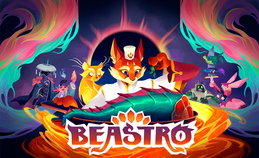 Capa de Beastro com raposa antropomorfizada servindo o que parece ser uma cauda de um animal e ao fundo vários outros personagens de Beastro.