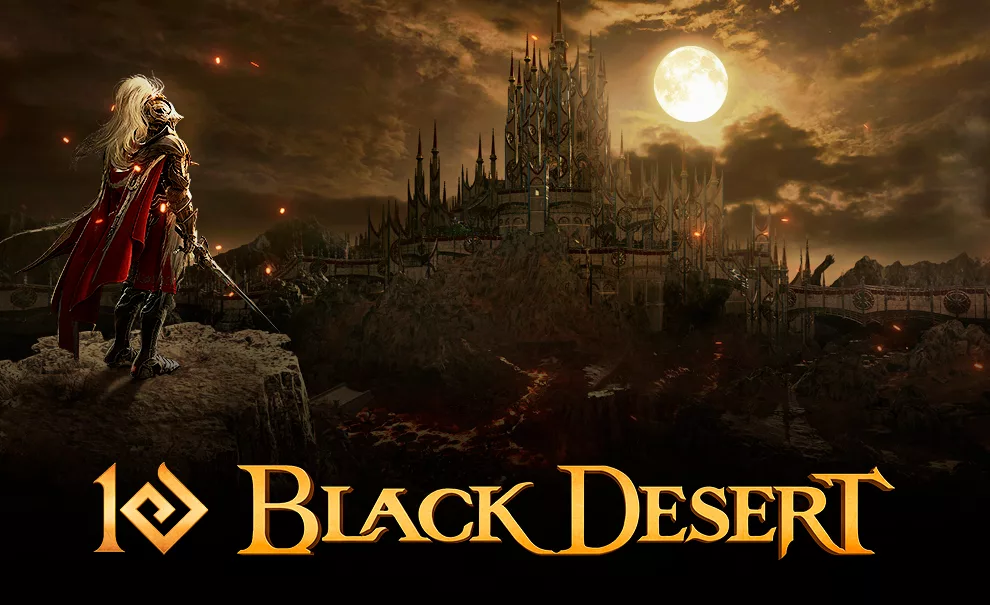 Cavaleiro em montanha olhando para grande castelo a noite em Edania no jogo Black Desert Online.
