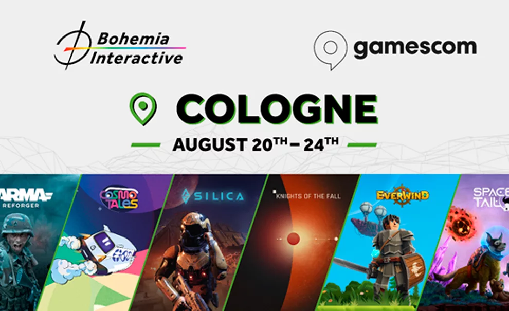Tela com pequenas imagens dos jogos da Bohemia Interactive na Gamescom 2025 em Cologne, Alemanha.
