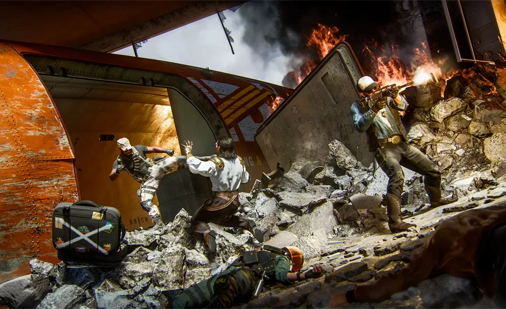 Operadores em mapa novo: Runaway da Temporada 5 de Call of Duty: Black Ops 6, no meio do combate entre escombros.