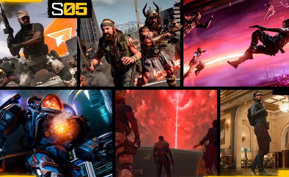 Capa da Temporada 5 de Call of Duty: Black Ops 6 com recortes de todos os modos de jogo e suas skins.