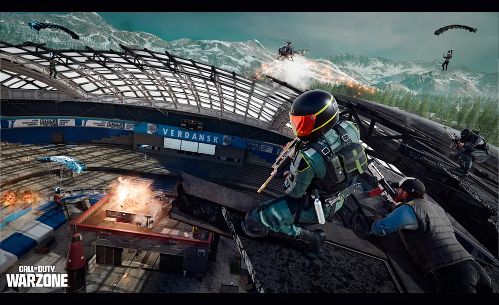 Operadores em cima do estádio de Verdansk em Call of Duty: Warzone temporada 5.