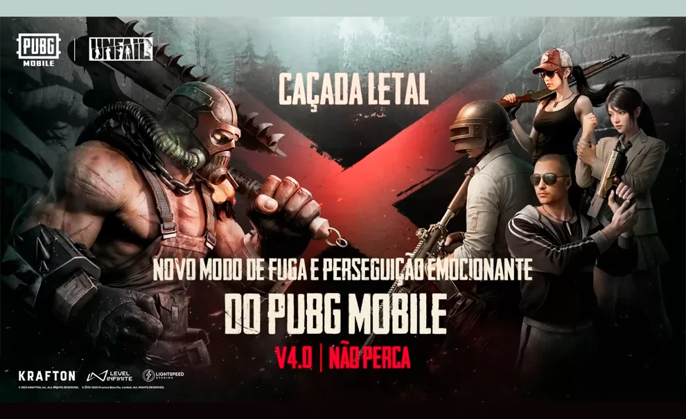 Capa de Caçada Letal de PUBG MOBILE com Predador versus 4 sobreviventes.