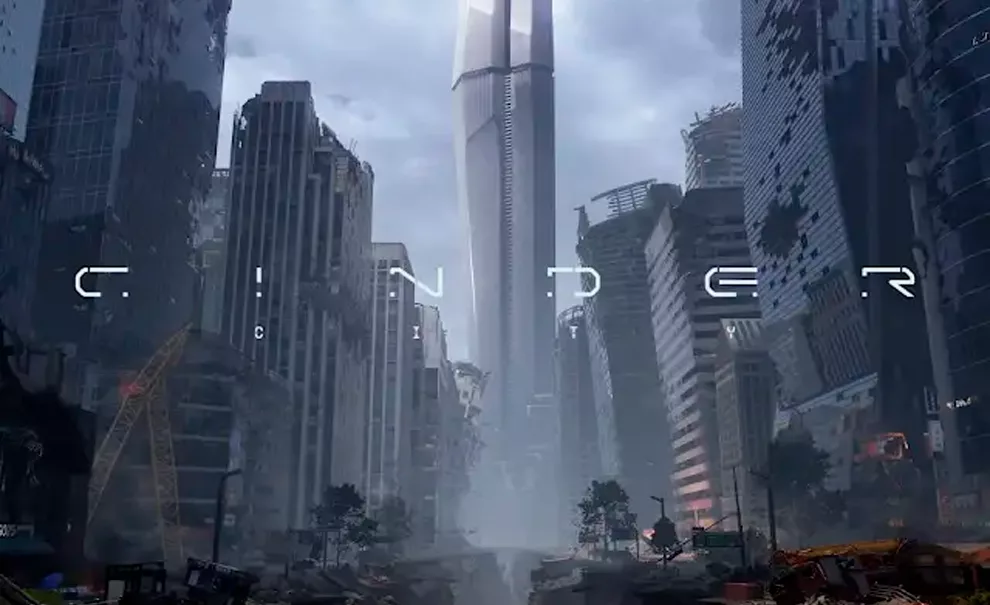 Cidade devastada e a escrita Cinder City á frente.