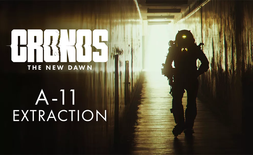 Personagem de Cronos The New Dawn andando em corredor no live-action com nome A-11 Extraction.