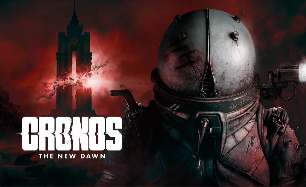 A esqerda a logo de Cronos The New Dawn, à direita a Viajante e ao fundo um cenário com cores vermelhas e preta e uma torre quebrada.
