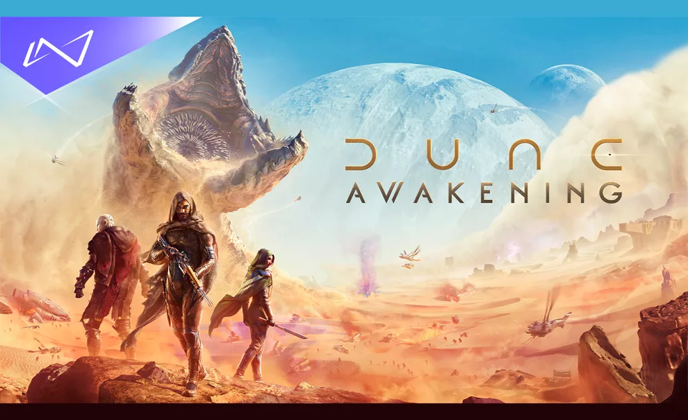 Capa de Dune Awakening com personagens de diferentes famílias em um grande deserto e ao fundo o grande verme de areia.