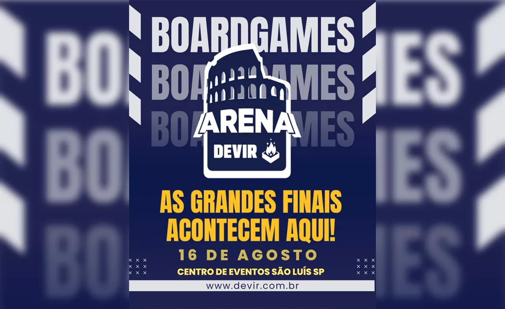 Poster da Arena Devir com data para 16 de agosto com fundo azul.