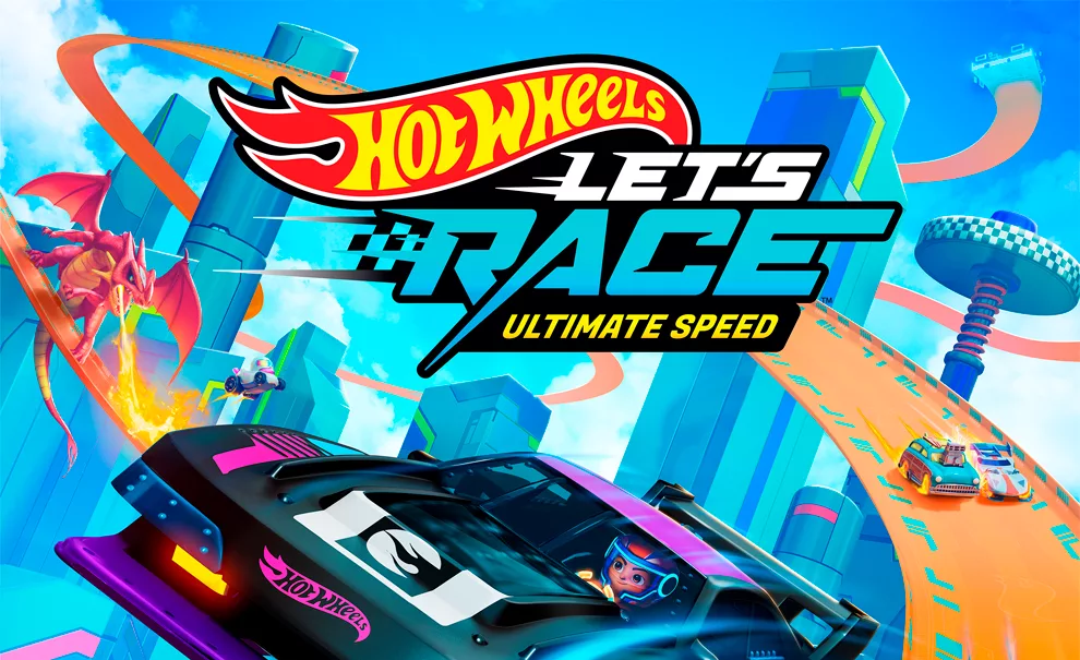 Logo de Hot Wheels Let's Race Ultimate Speed junto de personagens pilotando seus carros em pista icônica e ainda um dragão ao fundo cuspindo fogo na pista.