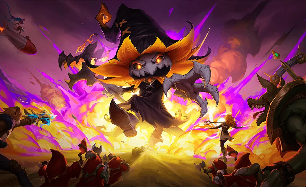 Um grande Veigar lutando contra vários campeões.