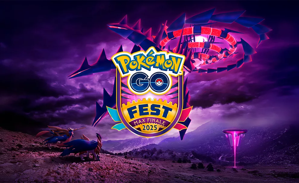 Eternamax de Eternatus tentando alcançar Zacian Coroado e Zamazenta Coroado, ao fundo o céu escuro e à frete o Brasão do Pokémon Go Max Encerramento 2025.