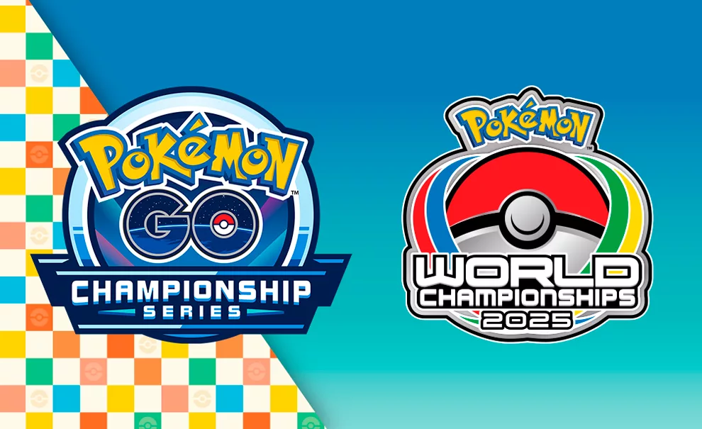 Símbolos do Pokémon Go Championship Series e Pokémon World Championships 2025 em fundo azul e com uma bandeira quadriculada a esquerda.