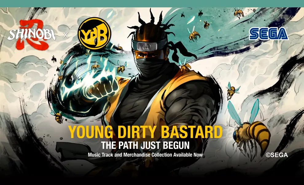 Ninja de Amarelo e com tranças envolto em abelhas e fumaça, além das logos de Shinobi Art Of Vengeance e de Young Dirty Bastard.