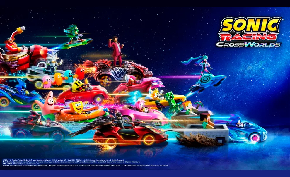 Vários personagens de Sonic Racing CrossWorlds incluindo Pac-Man e muitos de outros jogos.