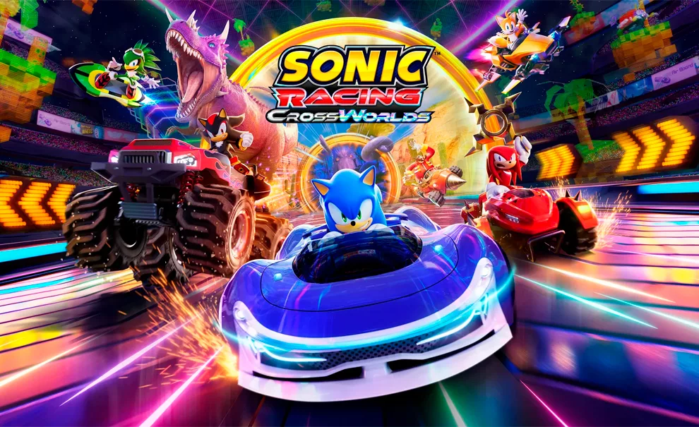 Capa de Sonic Racing: CrossWorlds com sonic como destaque e outros personagens à sua volta com carros próprios ligados as suas personalidades.