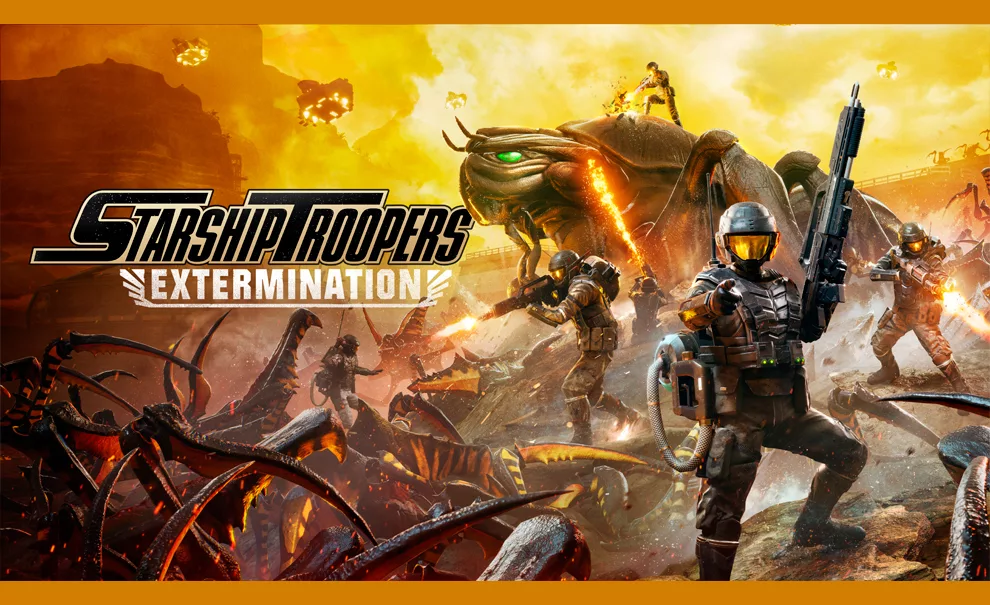 Capa de Starship Troopers: Extermination com soldados destruindo aracnídeos e um deles apontando pra tela fazendo alusão ao recrutamento.