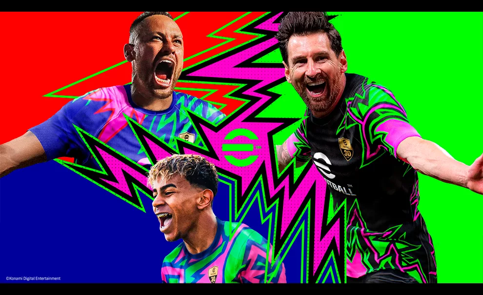 Lionel Messi, Neymar Jr. e Lamine Yamal, jogadores de futebol em volta da logo de eFootball.