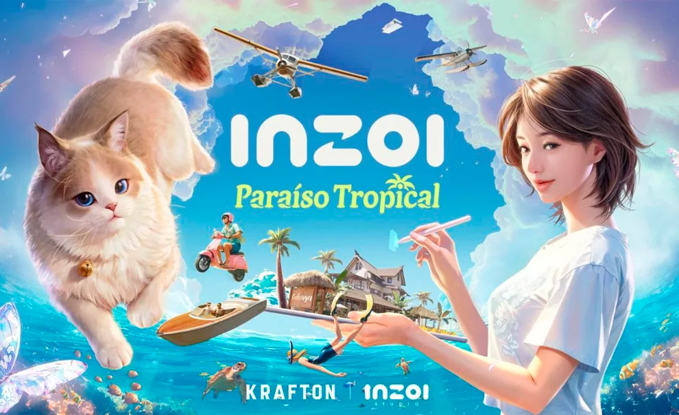 inZOI Paraíso Tropical escrito em imagem com personagens em atividades variadas, um gato, mar e muita tropicalidade.