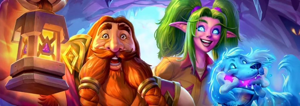 2 Personagens de Hearthstone e 1 cachorro mágico.