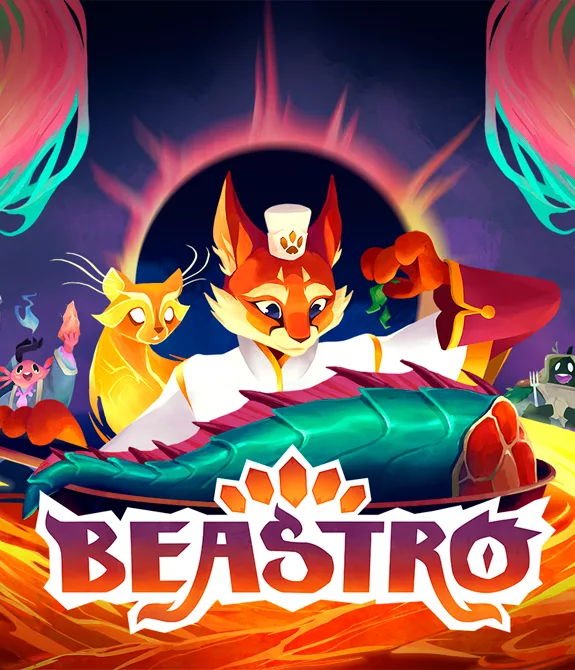 Capa de Beastro com raposa antropomorfizada servindo o que parece ser uma cauda de um animal e ao fundo vários outros personagens de Beastro.