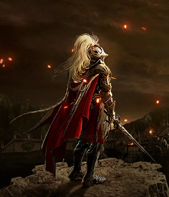 Cavaleiro em montanha olhando para grande castelo a noite em Edania no jogo Black Desert Online.