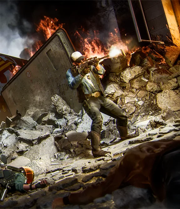 Operadores em mapa novo: Runaway da Temporada 5 de Call of Duty: Black Ops 6, no meio do combate entre escombros.