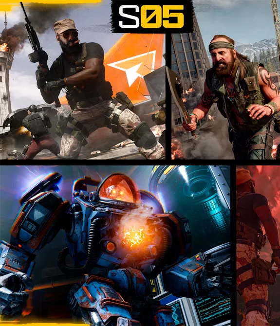 Capa da Temporada 5 de Call of Duty: Black Ops 6 com recortes de todos os modos de jogo e suas skins.