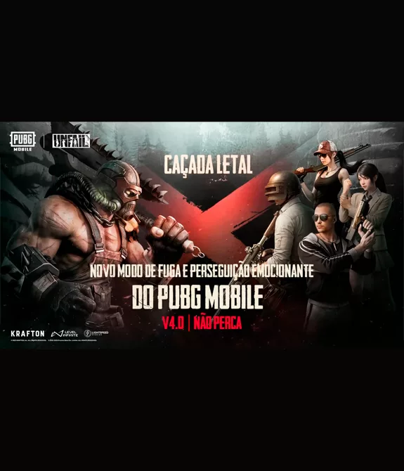 Capa de Caçada Letal de PUBG MOBILE com Predador versus 4 sobreviventes.
