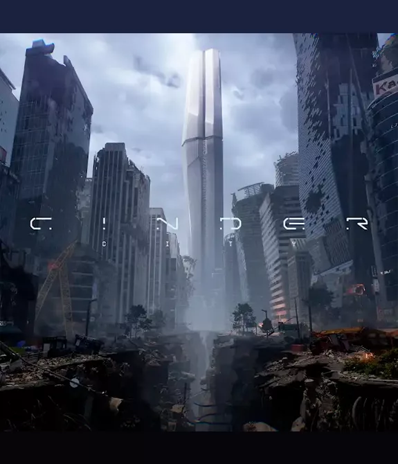 Cidade devastada e a escrita Cinder City á frente.