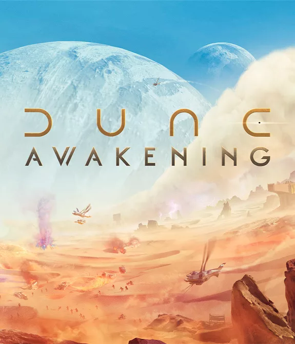 Capa de Dune Awakening com personagens de diferentes famílias em um grande deserto e ao fundo o grande verme de areia.