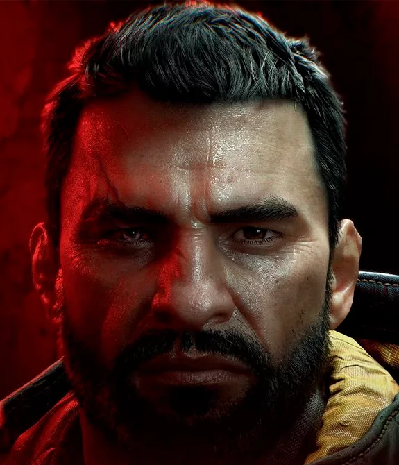 Protagonista Kyle de Dying Light: The Beast com um lado do rosto humano e o outro lado Feral, ao fundo luz vermelha e uma parede, além das escritas Blood & Guts.