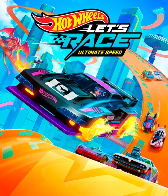 Logo de Hot Wheels Let's Race Ultimate Speed junto de personagens pilotando seus carros em pista icônica e ainda um dragão ao fundo cuspindo fogo na pista.