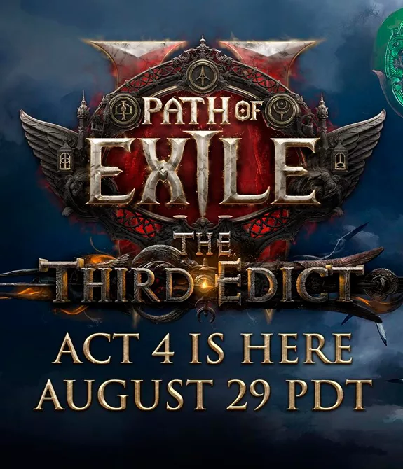 Capa de Path of Exile 2 Terceiro Édito com data de 29 de agosto para o 4º ato e a direita personagem com roupa verde e arma de haste em punhos.