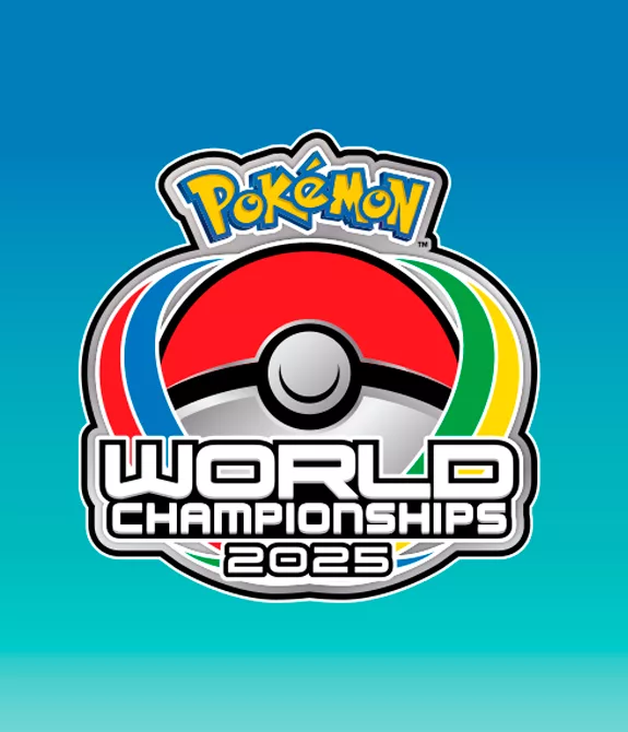 Símbolos do Pokémon Go Championship Series e Pokémon World Championships 2025 em fundo azul e com uma bandeira quadriculada a esquerda.