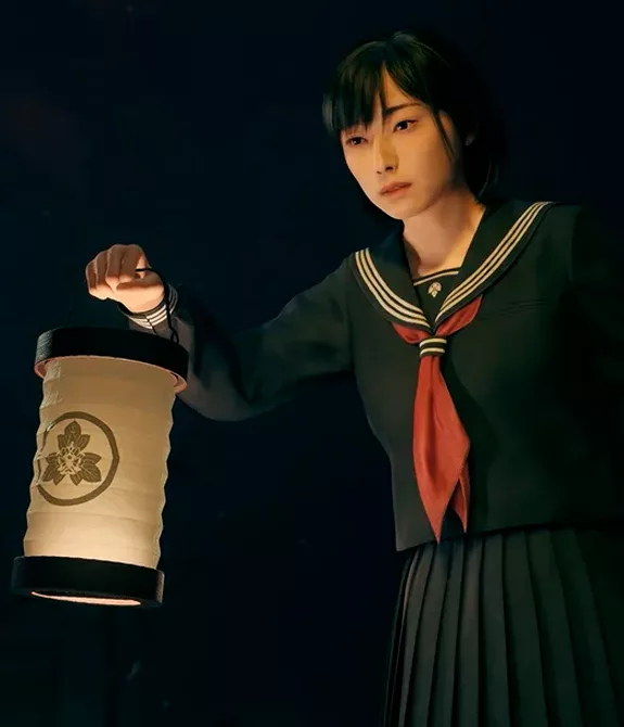 Hinako, protagonista de Silent Hill f, segurando lanterna de papel em local bem escuro.