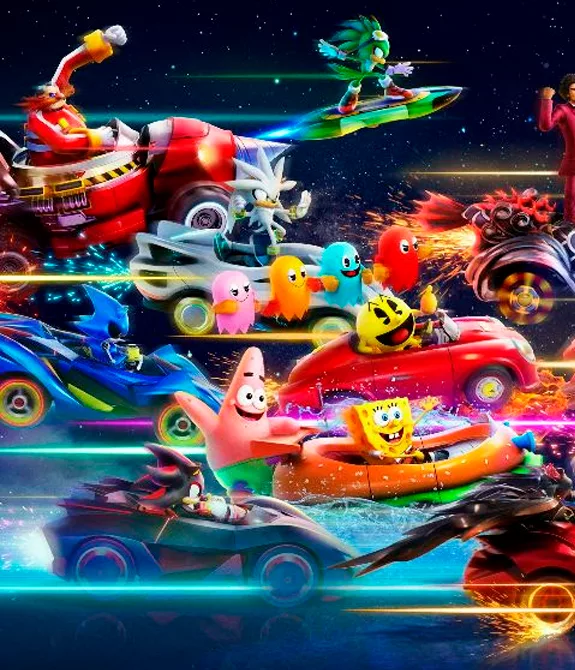 Vários personagens de Sonic Racing CrossWorlds incluindo Pac-Man e muitos de outros jogos.