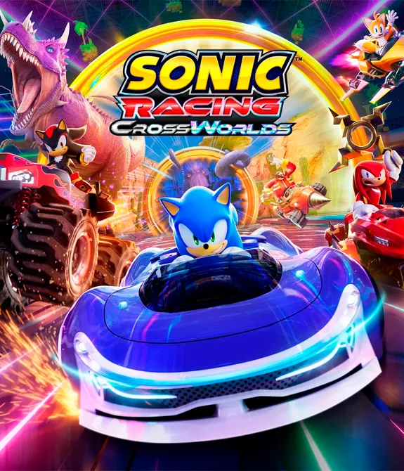 Capa de Sonic Racing: CrossWorlds com sonic como destaque e outros personagens à sua volta com carros próprios ligados as suas personalidades.