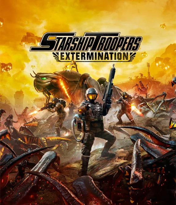Capa de Starship Troopers: Extermination com soldados destruindo aracnídeos e um deles apontando pra tela fazendo alusão ao recrutamento.