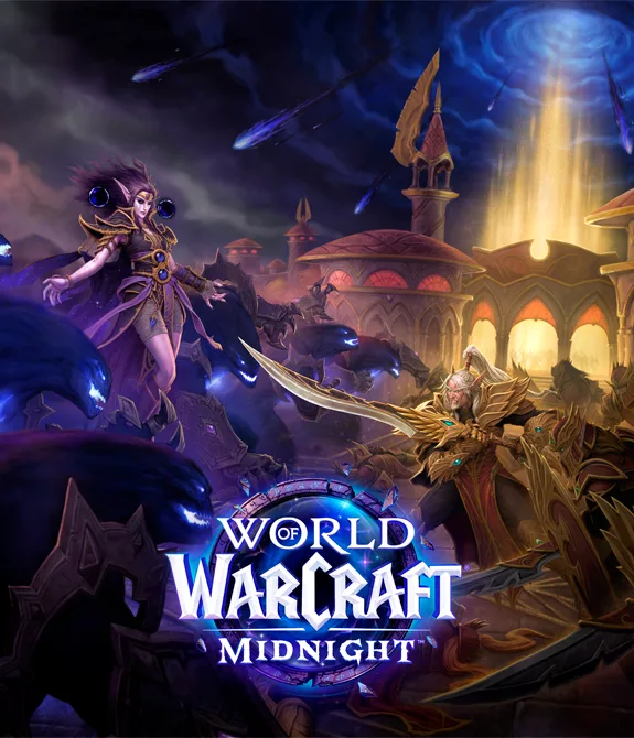 Protagonistas da história de World of Warcraft Midnight em combate frente a frente e o logo da nova expansão.