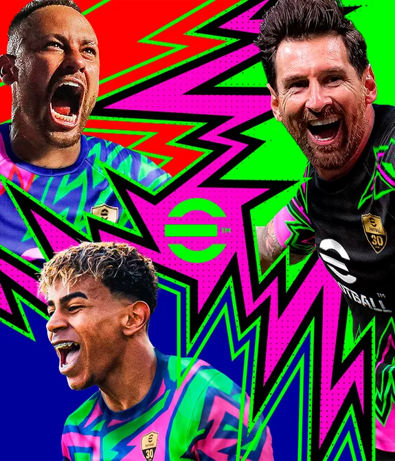Lionel Messi, Neymar Jr. e Lamine Yamal, jogadores de futebol em volta da logo de eFootball.