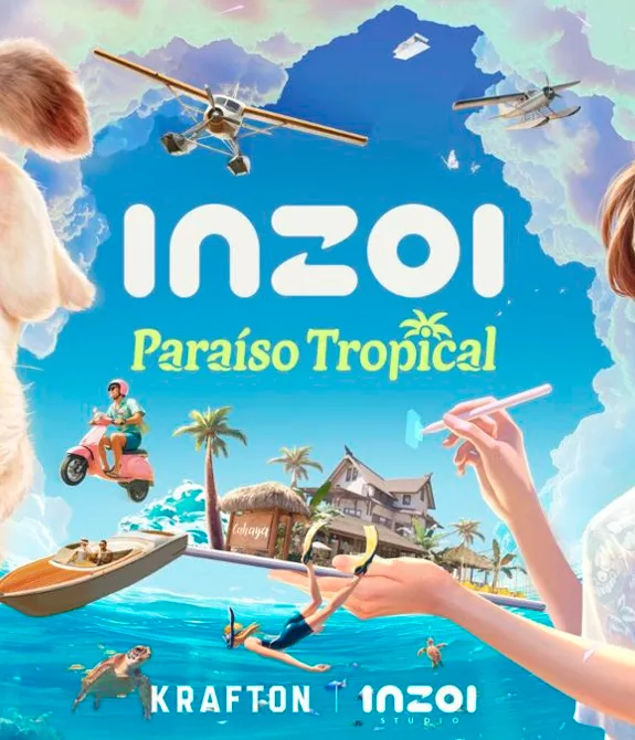 inZOI Paraíso Tropical escrito em imagem com personagens em atividades variadas, um gato, mar e muita tropicalidade.