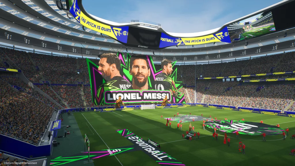 Estádio de futebol com uma personalização de várias imagens de Lionel Messi pela arquibancada.