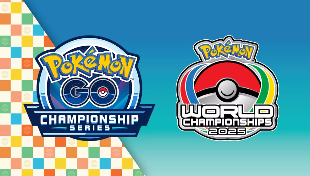 Símbolos do Pokémon Go Championship Series e Pokémon World Championships 2025 em fundo azul e com uma bandeira quadriculada a esquerda.
