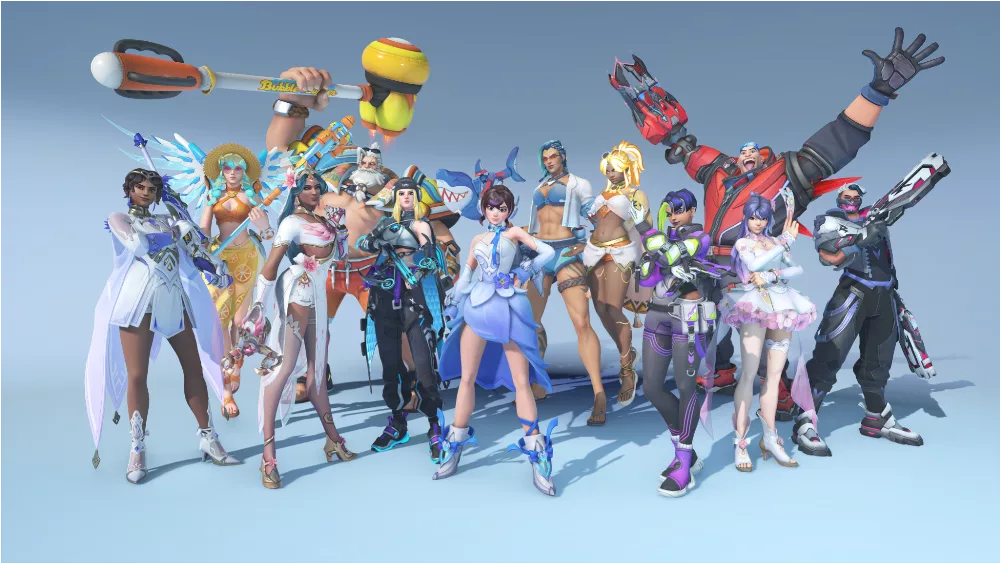 Vários heróis de Overwatch 2 em fundo azul.