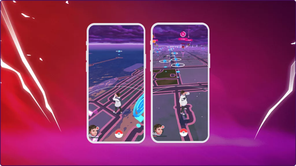 Duas telas de Pokémon Go mostrando os Céus Escuros.
