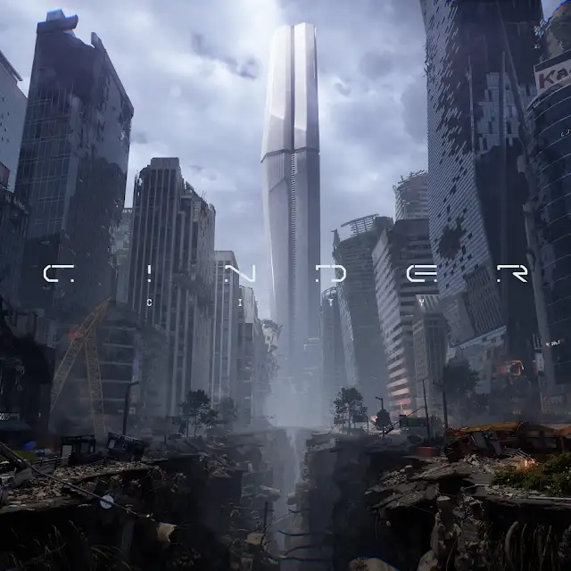 Cidade devastada e a escrita Cinder City á frente.