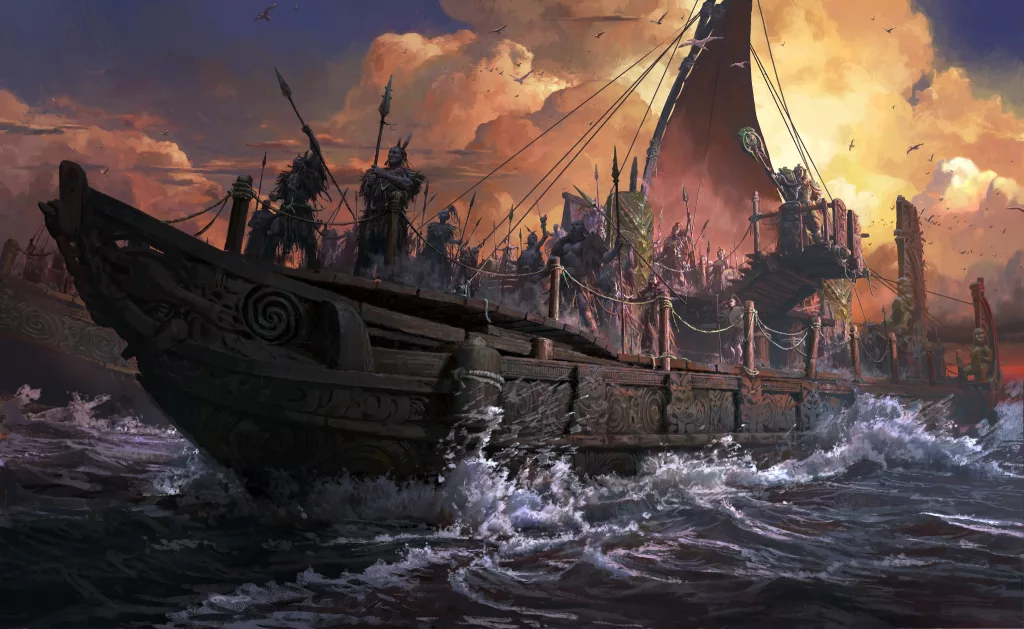 Barco tradicional com vários personagens da nova expansão e ao fundo um céu azul cheio de nuvens grandiosas.