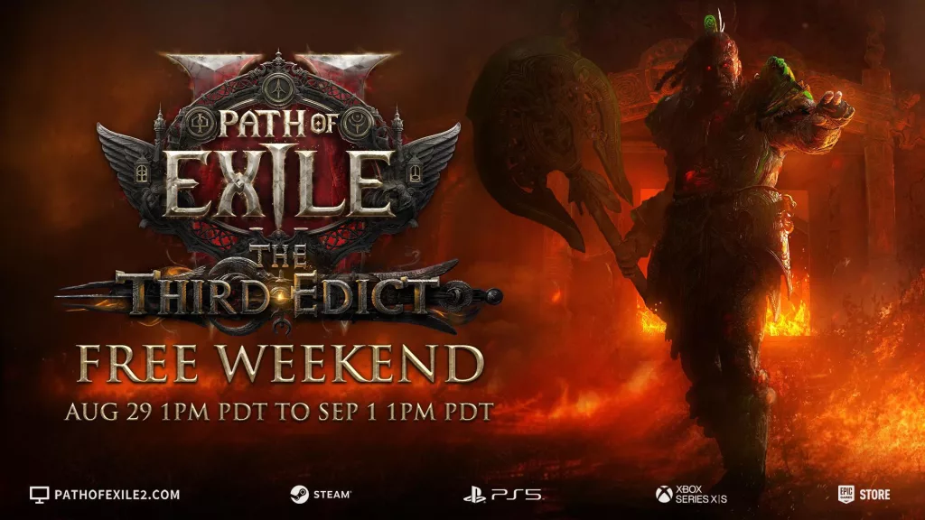 Imagem de um personagem Kanui apotando pra tela e ao lado os dizeres Path of Exile 2 The Third Edict Free Weekend de 29 de agosto a 1 de Setembro.