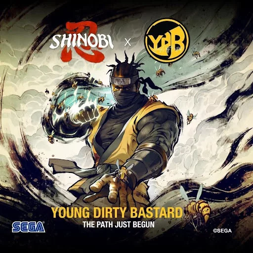 Ninja de Amarelo e com tranças envolto em abelhas e fumaça, além das logos de Shinobi Art Of Vengeance e de Young Dirty Bastard.